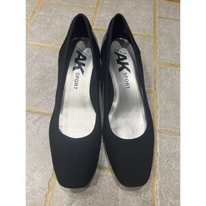 Anne Klein AK Sport Black Wedge Heels Square Toe Patent Trim Pumps Size 8.5